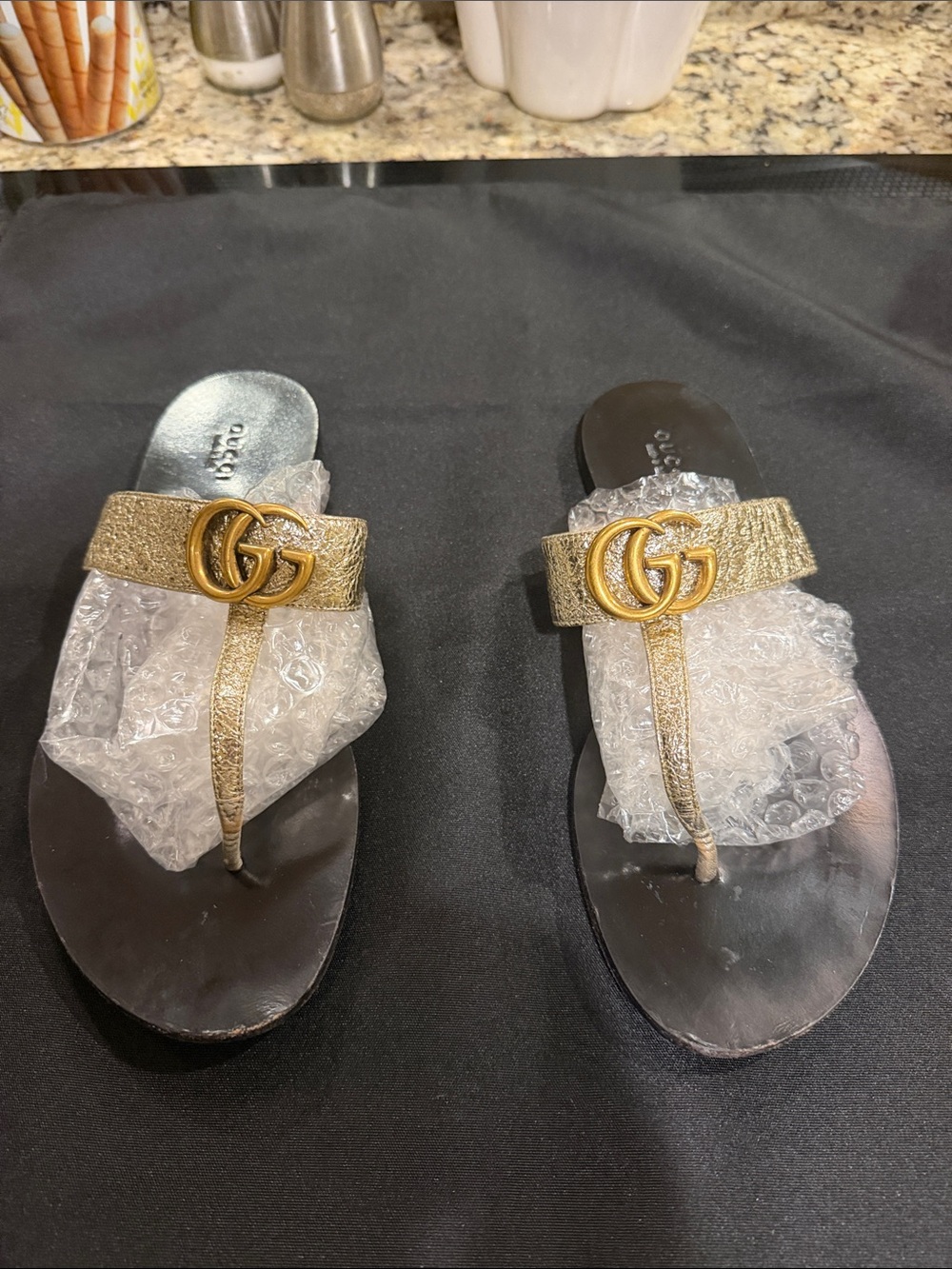 Gucci Metallic Gold Double-G T-Strap Sandals